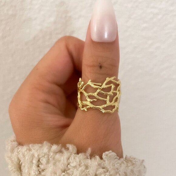 Jewelry - 925 Sterling Silver Gold Textured Ring Vine Coral Tree Branch Ring Boho Ring